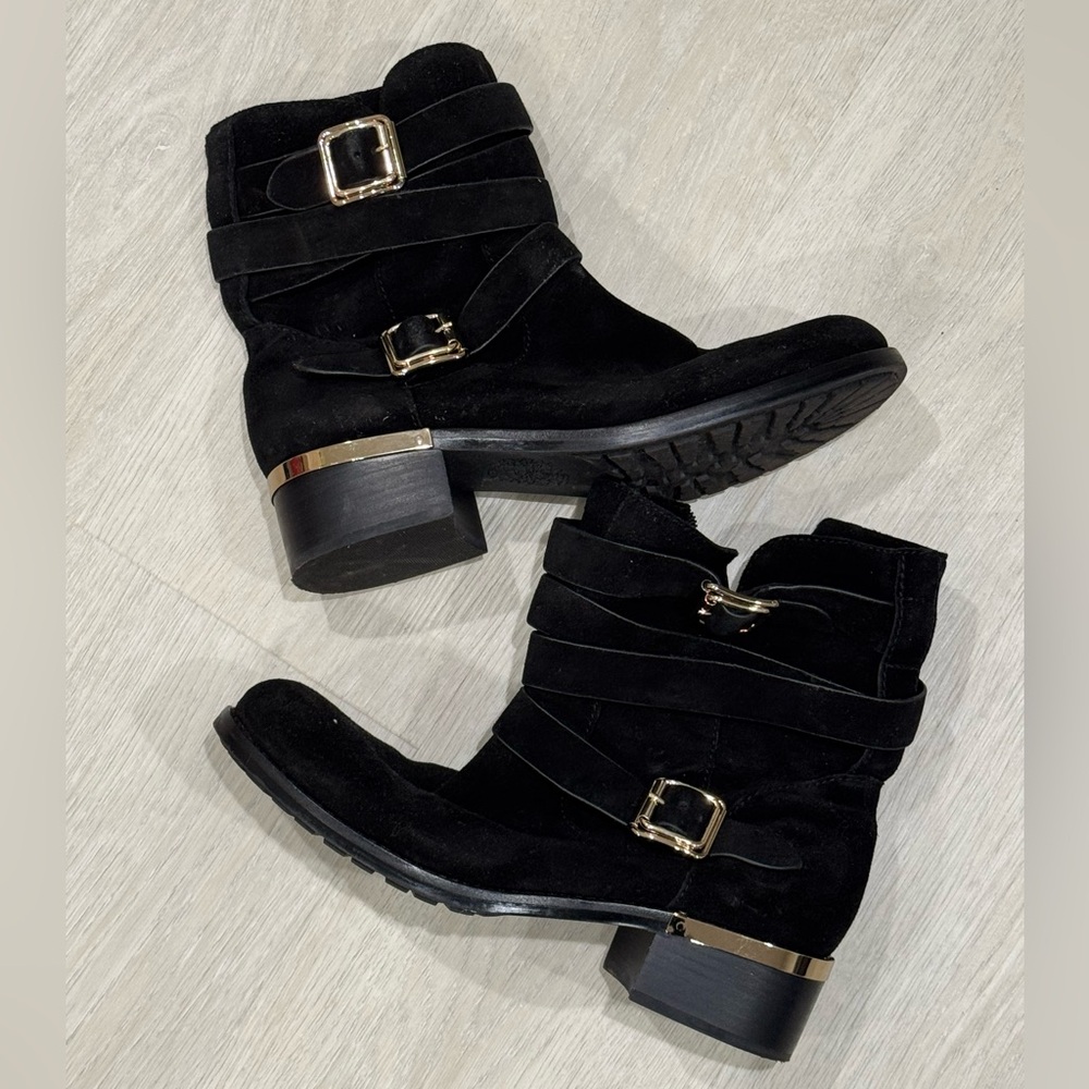 Vince Camuto Black Suede Ankle Boots with Gold Buckle Trim